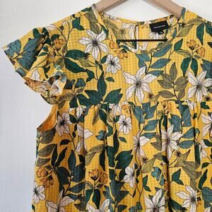 Who What Wear‎ Floral Check Babydoll Mini Dress L Yellow Gold White